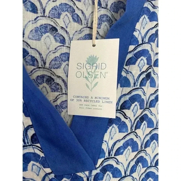Sigrid Olsen 100% Linen Blouse Size Medium Blue white 3/4 Sleeve Shirt Resort - Picture 3 of 10